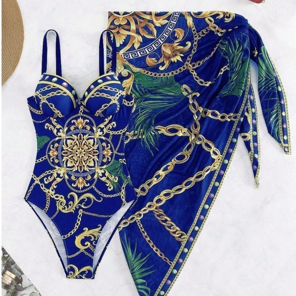 Contemporary Push Up One Piece Chain Print Swimsuit With Beach Skirt - Picture 2 of 7